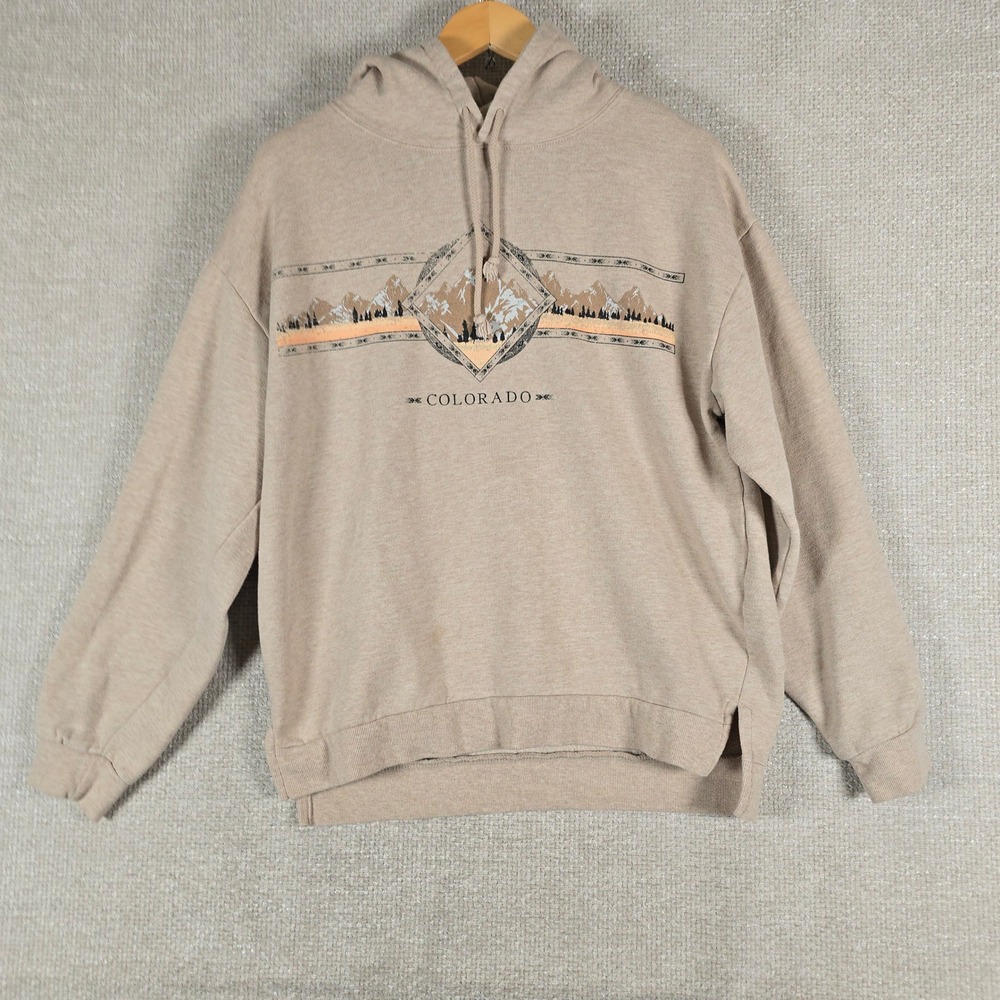 Modish Rebel‎ Colorado Mountain Graphic Hoodie Tan Beige Large